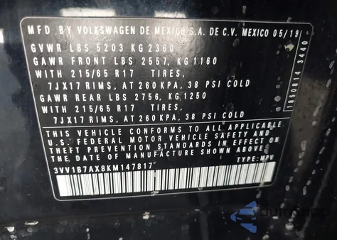 2019 Volkswagen Tiguan 2.0T S из США, поврежденный, VIN 3VV1B7AX8KM147817